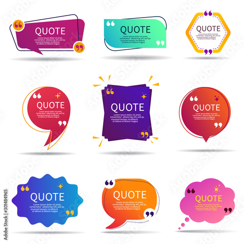 Set of speech quote text box of gradient color. Template of geometric badge with circle shape. Remark dialog, citation bubble for promotion. Textbox frame and quotation for information. vector