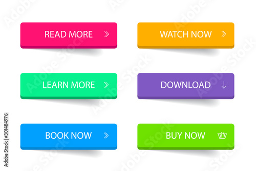 Set of modern 3d button for mobile, web, banner, game. Colorful call action icon in flat style. Infographic navigation button with learn, read, more on isolated background. design vector