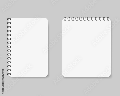 Template of spiral paper notebook for note. Mockup notepad with metal binder. Realistic empty diary, copybook for school, writting memo. Office stationery items. Worksheet cover. vector isolated