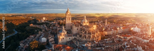 Segovia Cathedral aerial panorama view sunrise