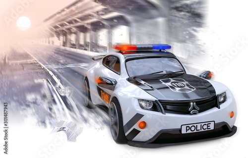 A police car of an original design, in white with black coloring, is driving along the highway. 3D illustration