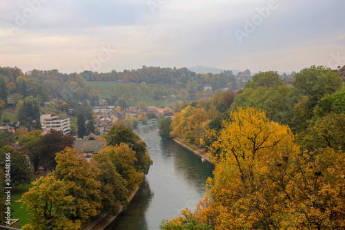 Bern, Switzerland-October 23,2019:View of the river and forest in autumn season is the beautiful nature from bern