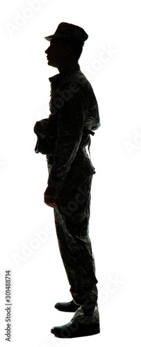 Silhouette of male soldier on white background