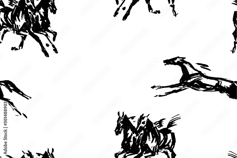 Seamless background, endless pattern for decoration.Hand drawings of galloping horses on a white and transparent background, drawn with a dry brush Seamless background, endless pattern for decoration.Hand drawings of galloping horses on a white and transparent background, drawn with a dry brush