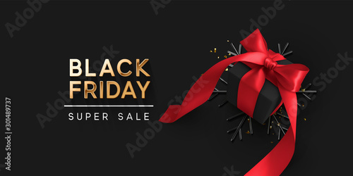 Black Friday Super Sale. Realistic black gifts boxes. 3d snowflake with glitter gold confetti, gift box with red bow. Dark background golden text lettering. Holiday banner, poster. vector illustration