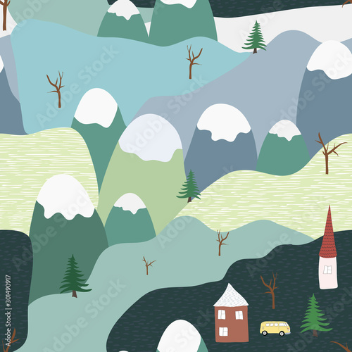 Nature winter landscape colorful seamless pattern. Vector illustration of natural,  rustic background. Flat cartoon style. For poster, banner, card, brochure, cover, fabric