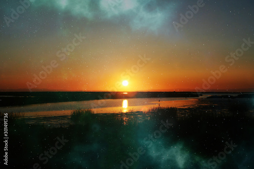 Beautiful Scenic California Sunrise With Abstract Galaxy 