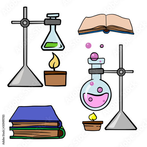  Doodle sketch chemical devices, flasks, books. Cartoon illustration