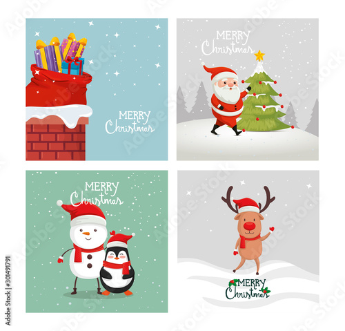set poster of merry christmas and decoration vector illustration design