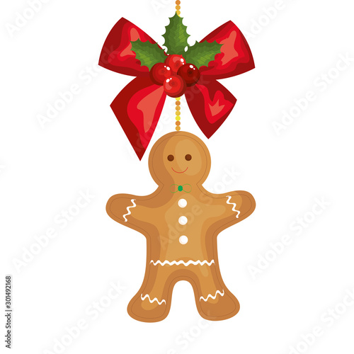 bow ribbon christmas with ginger cookie hanging vector illustration design