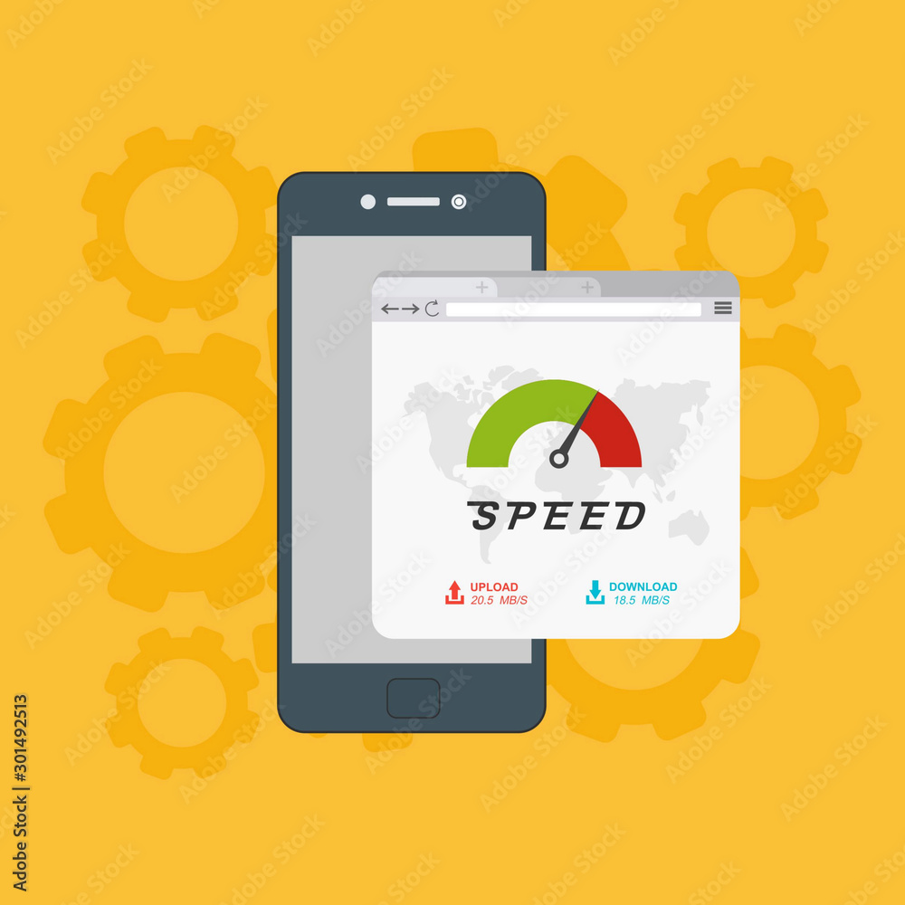 Site Speed Test Concept. smartphone with Speedometer Vector illustration