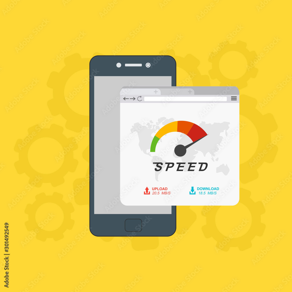 Site Speed Test Concept. smartphone with Speedometer Vector illustration Site Speed Test Concept. smartphone with Speedometer Vector illustration