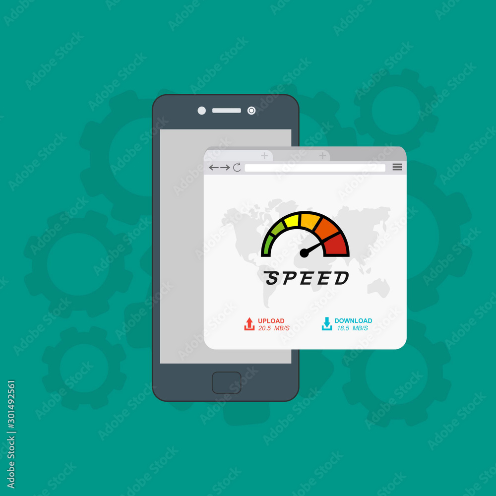 Site Speed Test Concept. smartphone with Speedometer Vector illustration Site Speed Test Concept. smartphone with Speedometer Vector illustration