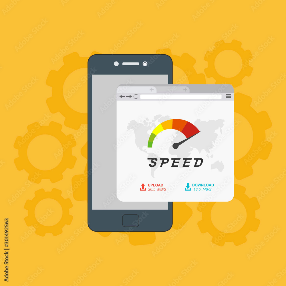 Site Speed Test Concept. smartphone with Speedometer Vector illustration Site Speed Test Concept. smartphone with Speedometer Vector illustration