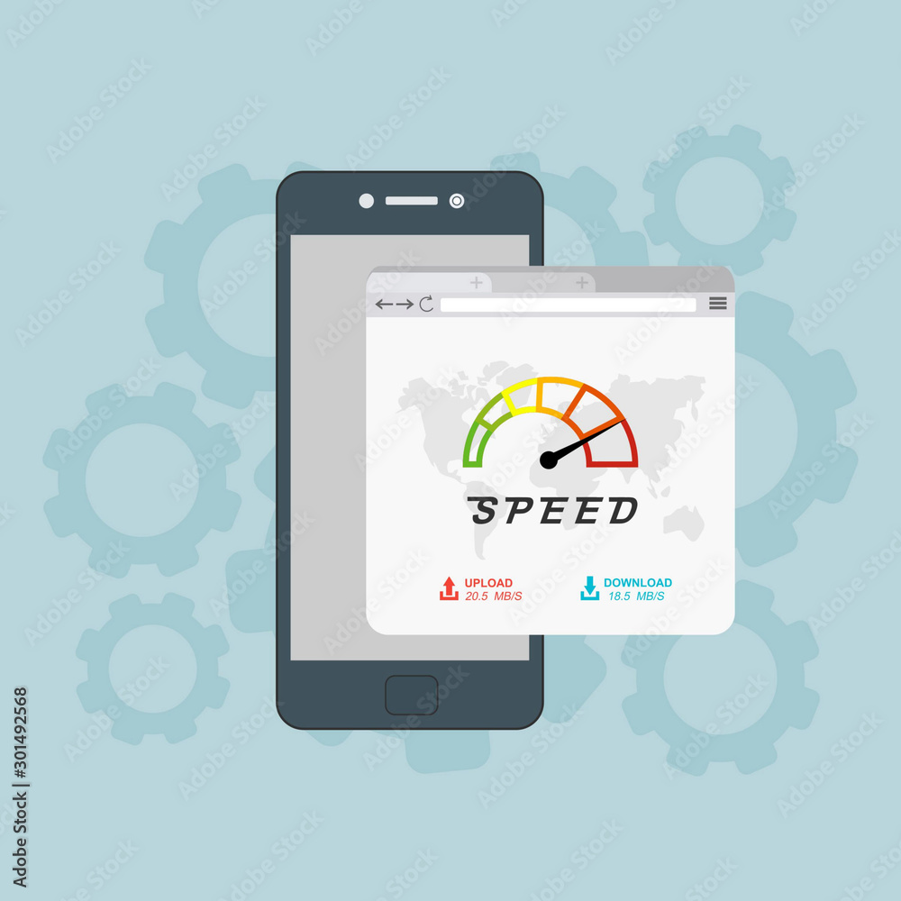 Site Speed Test Concept. smartphone with Speedometer Vector illustration Site Speed Test Concept. smartphone with Speedometer Vector illustration