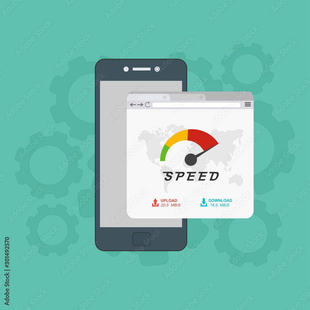 Site Speed Test Concept. smartphone with Speedometer Vector illustration Site Speed Test Concept. smartphone with Speedometer Vector illustration