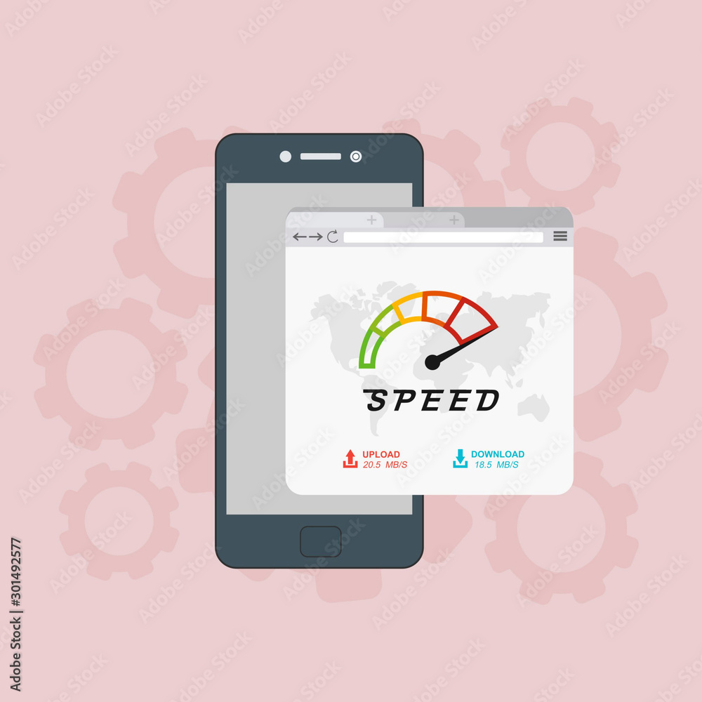 Site Speed Test Concept. smartphone with Speedometer Vector illustration Site Speed Test Concept. smartphone with Speedometer Vector illustration
