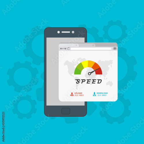 Site Speed Test Concept. smartphone with Speedometer Vector illustration