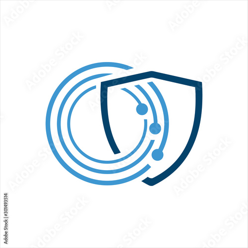 Abstract cyber security logo design vector. dot circle digital connection shield template.