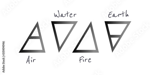 Alchemical symbols of the four elements with the inscription. Magic monochrome icons of air, water, fire and earth in the style of triangles. Set of vector logos