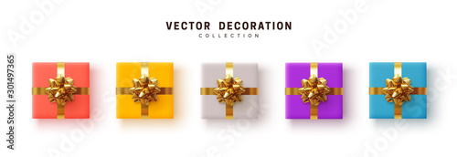 Set of gifts box. Collection realistic gift presents, color yellow, blue, purple and pink red, flat lay, top view.