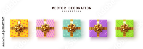 Set of gifts box. Collection realistic gift presents, wrapping paper with pattern, color yellow, blue, purple and pink. flat lay, top view.