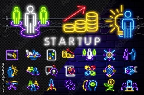 Big set neon business icons. Glowing neon sign of business project startup on dark brick wall background. Business fast start symbol as a flying rocket in neon style. Vector illustration.