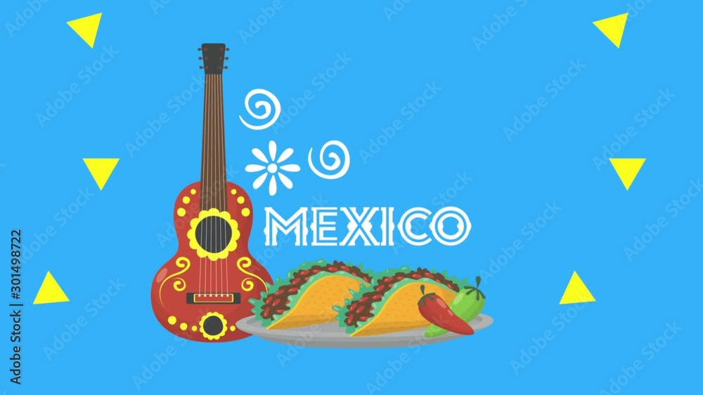 viva mexico animation with guitar instrument and tacos