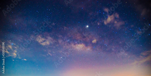 Panorama blue night sky milky way and star on dark background.Universe filled, nebula and galaxy with noise and grain.Photo by long exposure and select white balance.Dark night sky. photo