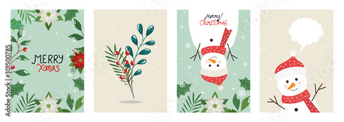 set poster of merry christmas with leafs and snowmen vector illustration design