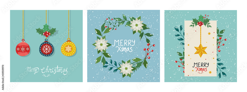 set of poster merry christmas with decorations vector illustration design set of poster merry christmas with decorations vector illustration design