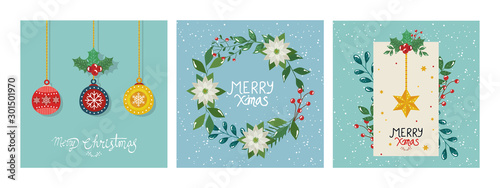 set of poster merry christmas with decorations vector illustration design