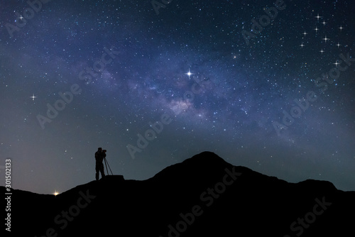 Traveler Man Silhouette Stand Top Mountain.Panorama blue night sky milky way and star on dark background.Universe filled   nebula and galaxy with noise and grain.