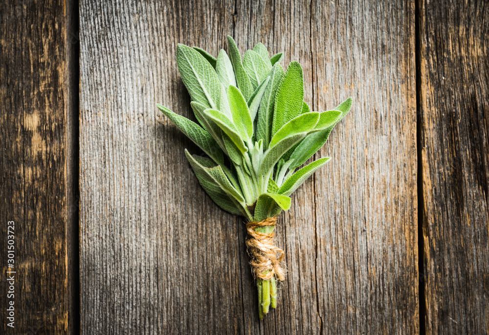 Bunch of fresh green sage leaves on the rustic background. Selective focus. Bunch of fresh green sage leaves on the rustic background. Selective focus.