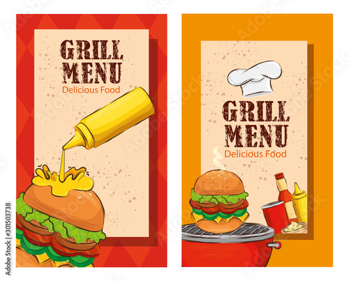 set poster of grill menu with delicious burgers vector illustration design
