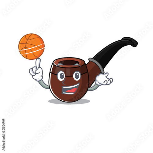 Funny smoke pipe in holding basketball cartoon character