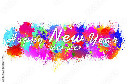 Happy New Year 2020. Logo icon design. Background. Colorful paint drops ink splashes. Vector illustration.