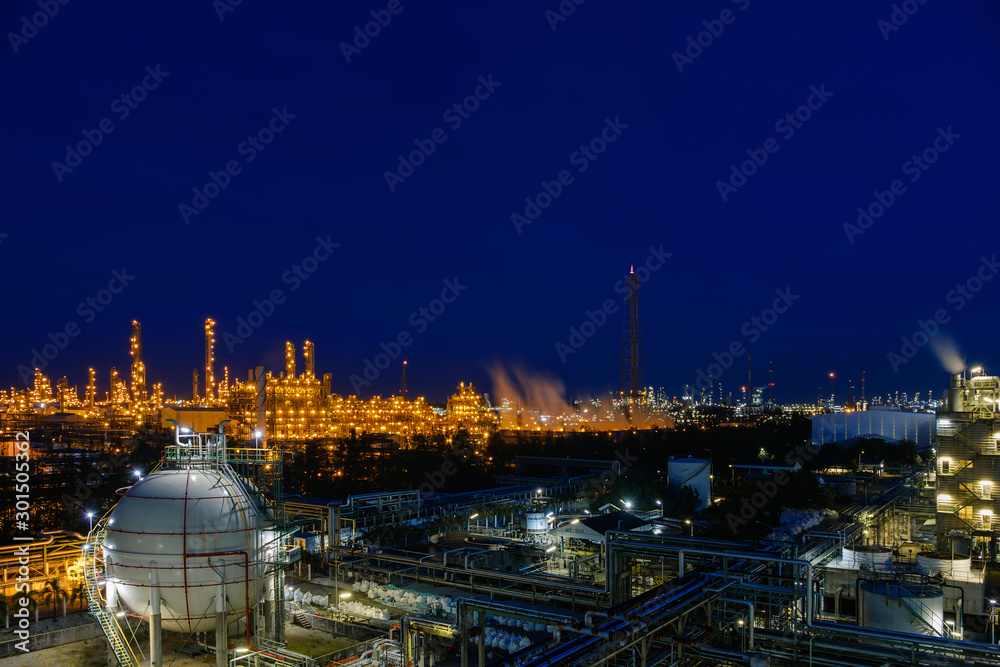 Petroleum industrial plant at twilight time, Manufacturing of petrochemical industrial, Oil and gas refinery