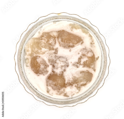 Sweet Sticky Rice with Longan and Coconut Cream, isolated on white background,Thai Dessert