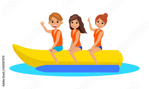 Happy people ride on the banana. The water activities. Vector illustration.