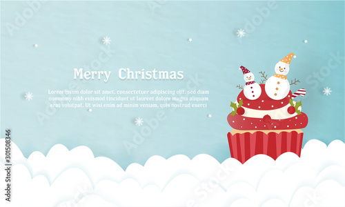 sweet cup cake blue pastel background paper cut bakery product red snow man cream cherry snowflake cloud card cover kawaii style christmas time yummy party with text hat gift snow fall december time