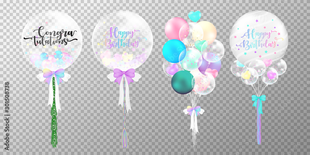 Set of colorful happy birthday balloons on transparent background.  Realistic glossy pastel balloons vector illustration. Party balloons  decorations wedding, birthday, celebration and anniversary card Stock  Vector | Adobe Stock
