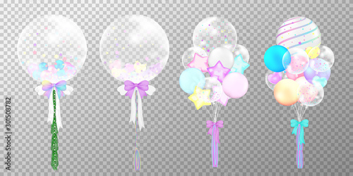 Set of colorful happy birthday balloons on transparent background. . Realistic glossy pastel balloons vector illustration. Party balloons decorations wedding, birthday, celebration and anniversary car