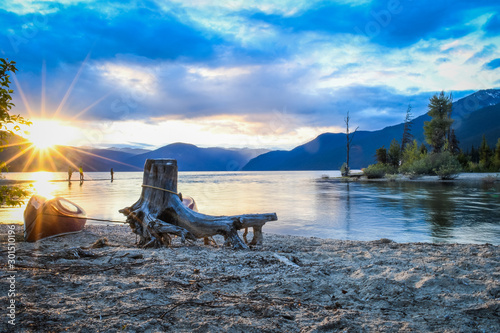 Fotografie Dry tree stump with roots and red canoe on Murtle Lake, Wells Gray provincial park, British Columbia, Canada