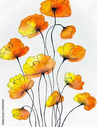 Fototapeta Naklejka Na Ścianę i Meble -  Watercolor painting impressionism style, textured painting, floral still life, color painting, floral pattern painting. Abstract flowers.