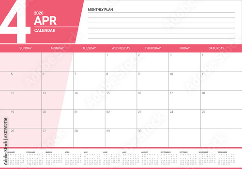 April 2020 desk calendar vector illustration