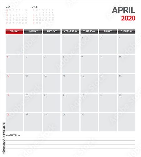 April 2020 desk calendar vector illustration