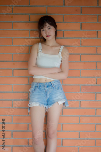 asia thai japanese teen White t-shirt beautiful girl happy and relax