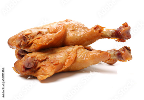 grilled chicken leg on white background 