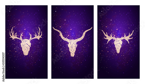 Vector set of three illustrations with silhouettes skulls deer, antelope and moose against the background of the starry sky.
